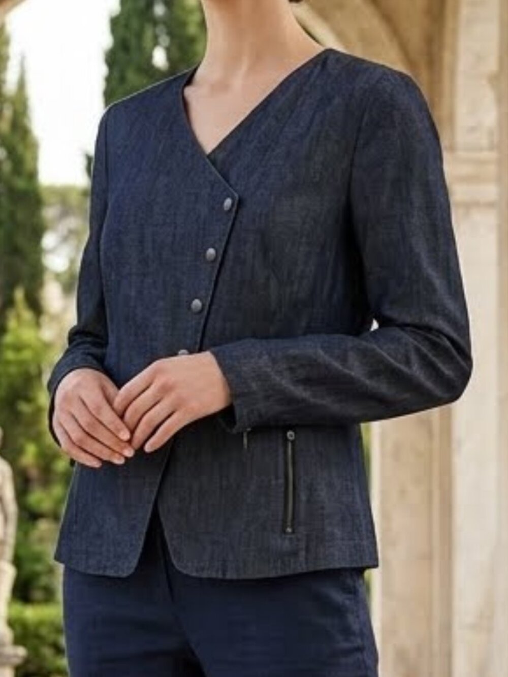AKRIS PUNTO WOOL LINEN COLLARLESS SNAP-FRONT BLAZER JACKET MINOR FLAWS sz US 12